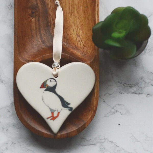 puffin on ceramic heart